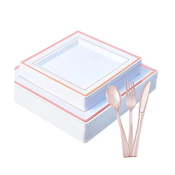 Jolly Chef 125 Pcs Square Rose Gold Plastic Dinnerware Set (Service for 25)