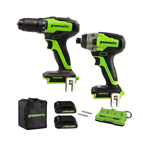 Greenworks 24V Brushless Drill / Driver + Impact Driver And Batteries