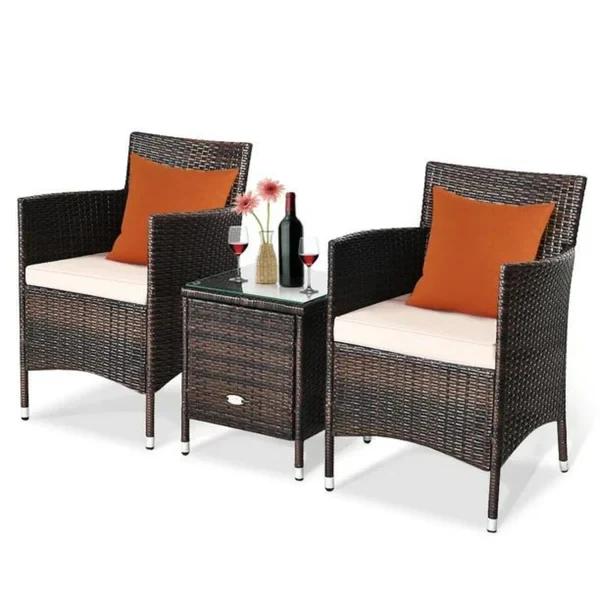 3 Piece Patio Rattan Chair & Table Furniture Set