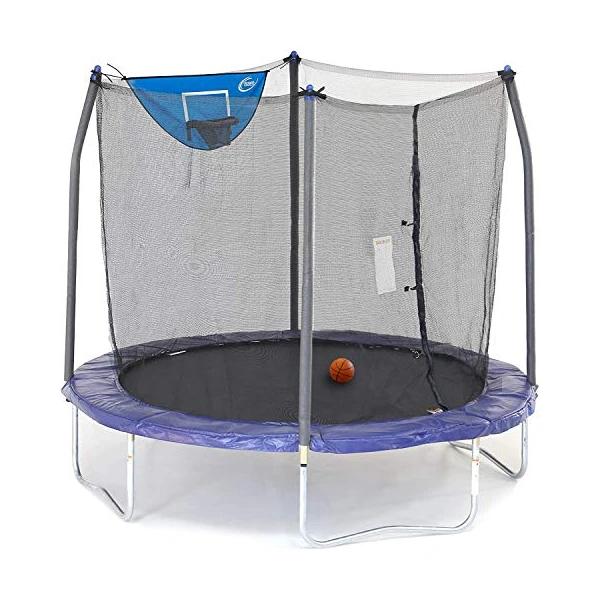 Skywalker Trampolines 8-Foot Jump N’ Dunk Trampoline with Enclosure Net– Basketball Trampoline