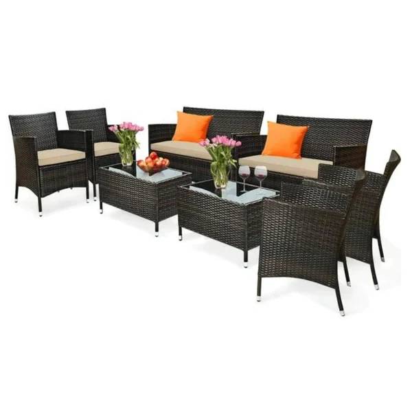 8-Piece Patio Rattan Outdoor Furniture Set with Cushioned Chairs