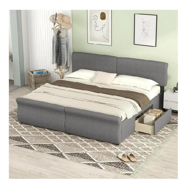 Euroco Modern King Size Upholstery Platform Bed with Two Drawers
