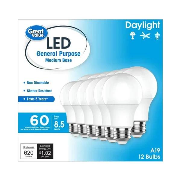 12 Pack Of Great Value 60 Watt LED Light Bulbs